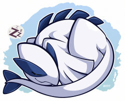  closed_eyes closed_mouth commentary english_commentary full_body lugia no_humans pokemon pokemon_(creature) sleeping solo speech_bubble spoken_zzz white_background woofzilla zzz 