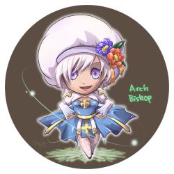  1girl arch_bishop_(ragnarok_online) blue_dress border brown_background character_name chibi chibi_only commentary_request cross dress fishnet_thighhighs fishnets flower full_body hat hat_flower hat_ornament juliet_sleeves leaf_hat_ornament long_sleeves looking_at_viewer open_mouth puffy_sleeves purple_flower ragnarok_online red_flower sash short_hair smile solo tam_(ragnarok_online) tatsuaki_fuji thigh-highs transparent_border two-tone_dress violet_eyes white_dress white_hair white_hat white_thighhighs yellow_sash 