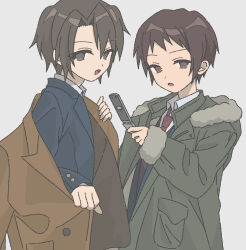  2boys :d :o blazer blue_jacket brown_coat brown_eyes brown_hair cellphone coat collared_shirt commentary_request flip_phone fur-trimmed_coat fur_trim green_coat highres holding holding_phone jacket kita_high_school_uniform koizumi_itsuki kyon long_sleeves male_focus multiple_boys nanonome necktie open_clothes open_coat open_mouth phone red_necktie school_uniform shirt short_hair simple_background smile suzumiya_haruhi_no_yuuutsu tongue white_background white_shirt winter_uniform 