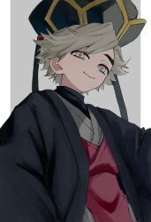  1boy aged_down black_haori black_hat blonde_hair border child clalctn closed_mouth douma_(kimetsu_no_yaiba) grey_background haori hat highres japanese_clothes kimetsu_no_yaiba kimono looking_at_viewer male_focus red_kimono short_hair simple_background smile solo spiky_hair thick_eyebrows upper_body white_border 