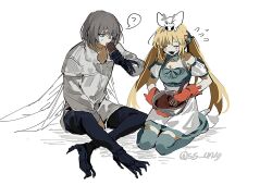  1boy 1girl ahoge artoria_caster_(fate) artoria_caster_(swimsuit_berserker)_(second_ascension)_(fate) artoria_pendragon_(fate) bare_shoulders black_pants blanca_(fate) blonde_hair blue_dress blue_eyes blue_thighhighs breasts bug chocolate crying dragonfly_wings dress fate/grand_order fate_(series) grey_hair long_hair long_sleeves mixing_bowl moth oberon_(fate) oberon_(third_ascension)_(fate) pants puffy_short_sleeves puffy_sleeves shirt short_sleeves sitting skirt small_breasts ss_un17 thigh-highs twintails white_shirt white_skirt 