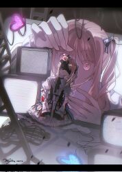 2others akiyama_mizuki black_ribbon blurry cable commentary crt depth_of_field dress dual_persona eye_mask frilled_dress frilled_sleeves frills glowing highres juliet_sleeves keikyoku_no_machi_wa_doko_e_(project_sekai) kyline long_sleeves mask mini_person multiple_others no_shoes other_focus pink_eyes pink_hair project_sekai puffy_sleeves ribbon side_ponytail static symbol-only_commentary white_dress