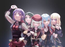  5girls :3 amoris_(bang_dream!) ascot ave_mujica_(bang_dream!) bang_dream! bang_dream!_it&#039;s_mygo!!!!! beret black_ascot black_capelet black_corset black_dress black_hair black_pants black_ribbon blonde_hair blue_hair blush breasts brooch brown_corset capelet clothing_cutout commentary_request corset doki_(oox3o) doloris_(bang_dream!) dress green_eyes green_hair hair_between_eyes hair_ribbon hat holding_hands indoors jewelry light_particles locked_arms long_hair long_sleeves medium_breasts misumi_uika mortis_(bang_dream!) mortis_(costume)_(bang_dream!) multiple_girls oblivionis_(bang_dream!) open_mouth pants parted_lips puffy_short_sleeves puffy_sleeves purple_hair red_hat red_shirt red_shorts ribbon see-through_clothes see-through_sleeves shirt short_hair short_sleeves shorts shoulder_cutout sidelocks timoris_(bang_dream!) togawa_sakiko violet_eyes wakaba_mutsumi white_ascot yahata_umiri yellow_eyes yuutenji_nyamu 