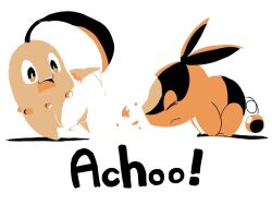  animal_focus chikorita closed_eyes closed_mouth fire leaf lukasandatta no_humans open_mouth pig pokemon pokemon_(creature) pokemon_focus sneezing sound_effects tail tepig 