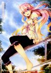  barefoot feet foreshortening gradient_hair highres long_hair mikazuki_akira mikazuki_akira! multicolored_hair pink_hair purple_eyes screening single_shoe smile tri-moon! tsuyuake_shoujo 