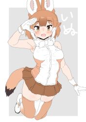  1girl absurdres animal_ears bare_shoulders blush brown_hair brown_shirt brown_skirt brown_thighhighs dhole_(kemono_friends) dog_ears dog_girl dog_tail extra_ears fang full_body gloves hair_between_eyes highres kemono_friends kumasyan1998 looking_at_viewer multicolored_hair open_mouth pleated_skirt salute shirt short_hair sidelocks skirt sleeveless solo tail thigh-highs two-tone_shirt two-tone_thighhighs white_gloves white_hair white_shirt white_thighhighs yellow_eyes zettai_ryouiki 