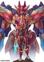  2boys arm_up armor black_bodysuit bodysuit cowboy_shot full_body giganticbrush gozyuwolf helmet highres male_focus mecha multiple_boys no.1_sentai_gozyuger red_armor red_helmet robot simple_background super_sentai tega_sword tega_sword_red tokusatsu white_background 