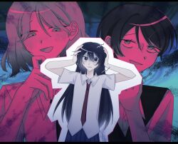  3girls arms_up black_eyes black_hair blush collared_shirt commentary_request dai_(5_29) dress_shirt futsuu_no_keion-bu hair_ornament hairpin hand_up hands_on_own_head highres kameya_san kouyama_rin long_hair multiple_girls necktie outline parted_bangs pixie_cut pleated_skirt red_necktie shaded_face shirt short_hair skirt sweater_vest tsuru_asaka untucked_shirt upper_body v-shaped_eyebrows white_outline white_shirt 