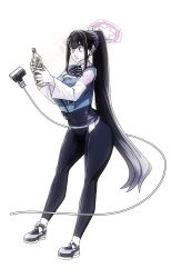  1girl absurdres barcode_scanner black_hair black_pants blue_archive bottle breasts employee_uniform eyebrows_hidden_by_hair from_side full_body hair_ornament hair_scrunchie highres holding holding_bottle large_breasts lazy_ant long_hair looking_at_another open_mouth pale_skin pants plastic_bottle ponytail scrunchie shoes simple_background sneakers solo sumire_(blue_archive) surprised very_long_hair violet_eyes white_background 