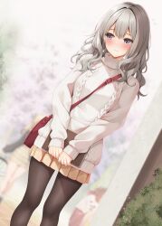  1girl aran_sweater bag black_pantyhose blush book brown_skirt cable_knit closed_mouth commentary_request day double-parted_bangs dutch_angle feet_out_of_frame grey_eyes grey_hair highres holding holding_book long_hair long_sleeves minato_ojitan miniskirt original outdoors pantyhose pleated_skirt shoulder_bag skirt solo standing sweater turtleneck turtleneck_sweater variant_set wavy_hair white_sweater 