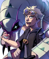  +_+ 1boy :d asymmetrical_eyewear eyewear_on_head golisopod guzma_(pokemon) highres holding holding_poke_ball jacket male_focus poke_ball pokemon pokemon_(creature) pokemon_sm smile standing sunglasses white_hair yu_(mekeneko1998) 
