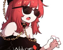  1girl black_collar black_shirt breasts collar commentary commission english_commentary heart hecatia_lapislazuli highres medium_breasts medium_hair meme off-shoulder_shirt off_shoulder open_mouth red_hair shirt simple_background smug_suriipi solo sunglasses that_wasn't_very_cash_money_of_you_(meme) touhou upper_body white_background 