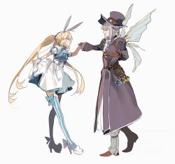  1boy 1girl animal_ear_hairband animal_ears artoria_caster_(fate) artoria_caster_(swimsuit_berserker)_(second_ascension)_(fate) artoria_pendragon_(fate) belt black_hat blonde_hair blue_dress blue_thighhighs boots bow bow_legwear brown_belt brown_boots closed_eyes coat curtsey detached_sleeves dress dress_bow fake_animal_ears fate/grand_order fate_(series) goggles goggles_on_headwear grey_hair hair_ornament hair_scrunchie hairband hat highres holding_hands insect_wings juliet_sleeves long_hair long_sleeves low_ponytail oberon_(exhibition_attire)_(fate) oberon_(fate) official_alternate_costume ponytail puffy_detached_sleeves puffy_sleeves rabbit_ears scrunchie simple_background skirt_hold smile ss_un17 striped_clothes striped_thighhighs thigh-highs trench_coat twintails two-tone_thighhighs vertical-striped_clothes vertical-striped_thighhighs very_long_hair white_background white_boots white_dress wings wristband 