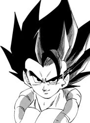  1boy dragon_ball dragon_ball_super dragon_ball_super_broly ein11829816 gogeta greyscale halftone male_focus medium_hair monochrome muscular muscular_male simple_background solo spiky_hair upper_body white_background 