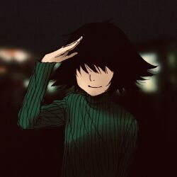  1girl black_hair closed_mouth hair_over_eyes highres long_sleeves nonaka_haru shirt short_hair smile solo striped_clothes striped_shirt taniguchi_jun&#039;ichirou yesterday_wo_utatte 