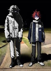  2boys ahoge aotsuki_eito black_gloves black_pants black_shoes blue_eyes blue_hair blue_jacket chinese_commentary closed_mouth commentary_request covered_mouth drawstring eyelashes eyes_in_shadow full_body glasses gloves grey_hair grey_jacket hair_between_eyes height_difference high_collar highres hood hood_down hoodie i-hhdheheda jacket jacket_over_hoodie long_sleeves male_focus meme multicolored_hair multicolored_jacket multiple_boys night open_clothes open_jacket outdoors pants photo_background pocket rectangular_eyewear red_hair sanpaku semi-rimless_eyewear shoes short_hair smile sneakers streaked_hair sumino_takumi the_hundred_line_-last_defense_academy- thigh_strap two-tone_hair two-tone_jacket variant_set white_hoodie white_jacket white_pants white_shoes why_dis_ninja_look_so_mad_(meme) 