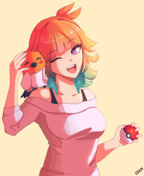  1girl ;d animal_on_shoulder bird bird_on_shoulder breasts collarbone eden_exile fletchling gradient_hair green_hair highres holding holding_poke_ball hololive hololive_english medium_breasts multicolored_hair off-shoulder_sweater off_shoulder one_eye_closed orange_hair petting poke_ball poke_ball_(basic) pokemon pokemon_(creature) simple_background smile solo sweater takanashi_kiara upper_body violet_eyes white_sweater yellow_background 
