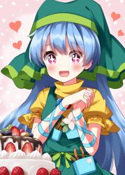  +_+ 1girl :d apron blue_hair blush cake commentary_request cowboy_shot excited eyes_visible_through_hair food fruit green_apron green_headscarf haniyasushin_keiki headscarf heart highres interlocked_fingers long_hair object_in_pocket open_mouth own_hands_together pink_background pink_eyes pocket ruu_(tksymkw) shirt single_strap smile solo standing strawberry strawberry_cake touhou yellow_shirt 
