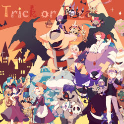 1boy 4girls absurdres aegislash agatha_(pokemon) apron arm_up banette black_gloves blonde_hair brown_hair cane chandelure closed_eyes cofagrigus doublade dress drifblim drifloon dusclops dusknoir duskull fantina_(pokemon) flower frillish frillish_(female) gastly gengar giratina giratina_(altered) glasses gloves golett golurk gourgeist hair_flower hair_ornament halloween hand_on_own_hip haunter headband highres holding holding_cane honedge hoopa hoopa_(confined) jellicent jellicent_(male) lampent litwick midriff misdreavus mismagius morty_(pokemon) multiple_girls nagatsukiariake neck_pillow one_eye_closed open_mouth phantump phoebe_(pokemon) pink_flower pokemon pokemon_(creature) pokemon_bw pokemon_dppt pokemon_frlg pokemon_hgss pokemon_rse pumpkaboo purple_dress purple_gloves purple_hair purple_headband purple_scarf purple_skirt quad_tails rotom rotom_(normal) round_eyewear scarf shauntal_(pokemon) shedinja short_hair shuppet skirt smile spiritomb trick_or_treat waist_apron yamask