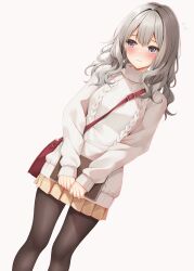  1girl aran_sweater bag black_pantyhose blush book brown_skirt cable_knit closed_mouth commentary_request double-parted_bangs dutch_angle feet_out_of_frame grey_eyes grey_hair highres holding holding_book long_hair long_sleeves minato_ojitan miniskirt original pantyhose pleated_skirt shoulder_bag simple_background skirt solo standing sweater turtleneck turtleneck_sweater variant_set wavy_hair white_background white_sweater 