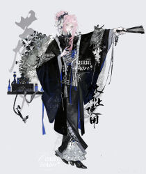  1girl absurdres angel&#039;s_trumpet antique_phone arched_bangs asymmetrical_sidelocks black_jacket black_kimono black_nails black_ribbon black_shoes block_heels blue_gemstone blue_ribbon blunt_ends bottle bow bow_ring brooch chinese_commentary commission corded_phone feather_boa flower flower_ornament folded_fan folding_fan frilled_jacket frilled_kimono frilled_shirt_collar frills full_body gem glint grey_bow grey_ribbon grey_sash grey_shawl hair_bun hair_flower hair_intakes hair_ornament hair_ribbon hairclip hand_fan hand_up haori highres holding holding_fan jacket japanese_clothes jewelry kimono lizhi_wan long_sidelocks long_sleeves looking_at_viewer multiple_rings nail_polish neck_ribbon obi omamori open_clothes open_jacket original outstretched_arm parted_lips pearl_(gemstone) pearl_ring phone pink_eyes pink_hair plant ribbon ring rotary_phone sanpaku sash shawl shirt shirt_under_kimono shoes sidelocks sideways_glance simple_background single_hair_bun solo standing striped_bow striped_sash table tassel thumb_ring watermark weibo_watermark white_background white_flower white_shirt wide_sleeves wrist_ribbon 