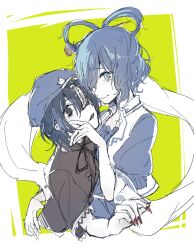  2girls aqua_eyes aqua_hair aqua_shirt blush collared_shirt fingernails frilled_sleeves frills gensou_aporo green_eyes green_hair green_shirt hair_rings hand_on_another&#039;s_face height_difference kaku_seiga looking_at_viewer miyako_yoshika multiple_girls nail_polish parted_lips red_nails sharp_fingernails shirt touhou yuri 