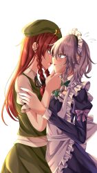  2girls apron beret black_bow black_ribbon blue_dress blush bow braid braided_sidelock commentary_request dress flying_sweatdrops frilled_apron frills green_bow green_hat green_skirt green_vest grey_hair hair_bow hand_on_another&#039;s_chin hat hat_ornament highres hong_meiling imminent_kiss izayoi_sakuya long_hair maid maid_apron maid_headdress mito_(fate) multiple_girls neck_ribbon open_mouth partial_commentary profile red_hair ribbon shirt simple_background skirt skirt_set star_(symbol) star_hat_ornament straight_hair stroking_another&#039;s_chin sweatdrop touhou twin_braids very_long_hair vest white_apron white_background white_shirt yuri 