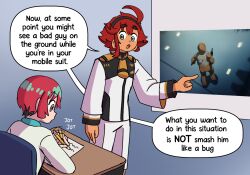  1boy 2girls :o ahoge amate_yuzuriha asticassia_school_uniform color_connection eggtempest english_text gundam gundam_aerial_slap_(meme) gundam_gquuuuuux gundam_suisei_no_majo hair_color_connection hairband holding holding_pencil in-franchise_crossover left-handed long_hair long_sleeves meme multiple_girls open_mouth pencil pointing red_hair school_uniform shoulder_boards sound_effects speech_bubble suletta_mercury thick_eyebrows writing 