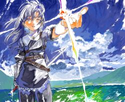  1girl abstract absurdres armor belt black_pants black_shirt blue_eyes blue_hair blue_sky breastplate brown_belt character_request check_character check_copyright clouds copyright_request cowboy_shot floating_hair gloves grass highres ketsuman-ko!! looking_at_object metal_gloves one_eye_closed original outstretched_arm pants parted_lips puffy_sleeves reaching reaching_towards_viewer shirt single_glove sky sparkle sword weapon 
