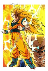 2boys absurdres aura blonde_hair blue_boots blue_shirt boots donut_hair_bun dragon_ball dragon_ball_z electricity gokou_ruri hair_bun halo highres long_hair looking_at_viewer majin_vegeta male_focus multiple_boys muscular muscular_female no_eyebrows orange_pants orange_shirt pants qcumber_illust shirt solo_focus son_goku spiky_hair super_saiyan_2 super_saiyan_3 upper_body vegeta