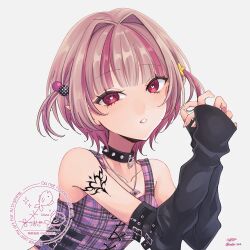  1girl arm_belt bare_shoulders belt black_arm_warmers black_belt black_collar blunt_bangs blush chain chain_necklace collar collarbone colored_inner_hair crop_top cross-laced_clothes cross-laced_top grey_hair hair_bobbles hair_intakes hair_ornament hands_up heart heart-shaped_pupils heart_tattoo jewelry looking_at_viewer makaino_ririmu makaino_ririmu_(6th_costume) multicolored_hair multiple_belts necklace nijisanji no_headwear no_jacket parted_lips pendant pink_hair pink_streaks plaid_clothes pointy_ears red_eyes short_hair shoulder_tattoo signature simple_background sleeveless solo spiked_collar spikes star_(symbol) streaked_hair symbol-shaped_pupils tattoo twitter_username two-tone_hair two_side_up uo2a_222 upper_body virtual_youtuber watermark white_background wolf_cut zipper_top 