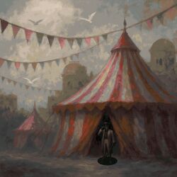  1boy absurdres arlecchino_the_blood_artist circus coat commentary english_commentary grey_coat grey_pants gwyndolindo hat highres holding holding_weapon lies_of_p male_focus microsoft_paint_(medium) outdoors pants scenery simple_bird smile solo streamers tent top_hat weapon 