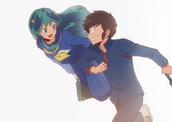  1boy 1girl bag blue_eyes blue_gakuran blue_pants blue_sailor_collar blue_serafuku blue_shirt blue_skirt breasts brown_hair clenched_hand clenched_teeth fang floating gold_buttons green_hair holding holding_bag horns looking_at_another lum medium_breasts moroboshi_ataru neckerchief open_mouth pants pointy_ears qrhara555 red_shirt running sailor_collar school_uniform serafuku shirt shoes short_hair sidelocks skirt smile sneakers sweatdrop swept_bangs teeth urusei_yatsura white_background white_shoes wide-eyed yellow_neckerchief 