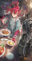  2boys adpong architecture arknights bead_bracelet beads bracelet brothers chopsticks colored_extremities commentary_request design_speculation dragon_boy dragon_horns dragon_tail east_asian_architecture food grey_eyes hair_between_eyes highres horns jewelry light_smile long_hair long_sleeves male_focus multiple_boys plate pointy_ears red_hair red_hands shrimp siblings spoon steam tail wang_(arknights) yu_(arknights) 