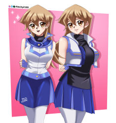 2girls alternate_costume arms_behind_back blonde_hair blue_skirt blush crossover cute deviantart_username duel_academy_uniform_(yu-gi-oh!_gx) duel_academy_uniform_(yuu-gi-ou_gx) happy jacket sincity2100 sleeveless_jacket smile tenjouin_asuka turtleneck yellow_eyes yu-gi-oh! yuu-gi-ou yuu-gi-ou_arc-v yuu-gi-ou_gx