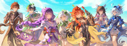  2boys 5girls absurdres ahoge ascot beret biker_clothes bikesuit black_bodysuit black_gloves black_hair blonde_hair blue_ascot blue_eyes blue_hair blue_hat blue_jacket blue_sky bodysuit braid braided_ponytail breasts brown_hair closed_eyes closed_mouth columbina_(genshin_impact) commentary_request cross-shaped_pupils dress drop-shaped_pupils earrings english_text eye_mask feet_out_of_frame floating_hair flower furina_(genshin_impact) genshin_impact gloves gradient_hair green_eyes green_hair green_hat hair_between_eyes hair_ornament hand_on_own_hip hat hat_flower head_wings highres holding holding_instrument holding_lyre holding_removed_eyewear instrument jacket japanese_clothes jewelry kimono leaf_hair_ornament long_hair long_sleeves looking_at_viewer lyre mask mavuika_(genshin_impact) medium_breasts multicolored_hair multiple_boys multiple_girls nahida_(genshin_impact) obi one_eye_closed orange_eyes orange_pupils own_hands_clasped own_hands_together pants parted_lips pink_hair ponytail purple_hair purple_kimono raiden_shogun reaching reaching_towards_viewer red-tinted_eyewear red_hair sash shen_shen_ruqi short_hair_with_long_locks shorts side-by-side side_braids side_ponytail single_earring sky smile sun_earrings sunglasses symbol-shaped_pupils tinted_eyewear twin_braids two-tone_hair unworn_eyewear venti_(genshin_impact) very_long_hair violet_eyes white_dress white_flower white_hair white_mask white_shorts wings yellow_eyes zhongli_(genshin_impact) 