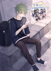  1boy akamatsu_kaede amami_rantaro antenna_hair black_bag brown_pants chabashira_tenko commentary_request danganronpa_(series) danganronpa_v3:_killing_harmony ear_piercing earrings everyone gokuhara_gonta green_eyes green_hair harukawa_maki highres holding holding_phone hoshi_ryoma iruma_miu jewelry k1-b0 long_sleeves matsutake_(uwataaa06-gaaa30) momota_kaito oma_kokichi pants phone piercing saihara_shuichi shinguji_korekiyo shirogane_tsumugi shirt shoes sitting smile striped_clothes striped_shirt tojo_kirumi translation_request watermark yonaga_angie yumeno_himiko 