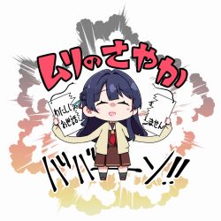  1girl :d black_socks blue_hair blush braid brown_cardigan brown_dress brown_shoes cardigan chibi chibi_only commentary dress facing_viewer hair_intakes half_up_braid half_updo hashtag-only_commentary hasu_no_sora_school_uniform holding holding_sign link!_like!_love_live! long_hair long_sleeves love_live! medium_dress murano_sayaka neckerchief open_cardigan open_clothes open_mouth pet_shaming pleated_dress red_neckerchief repunit sailor_collar sailor_dress school_uniform shoes sign smile socks solo tearing_paper virtual_youtuber white_sailor_collar winter_uniform 