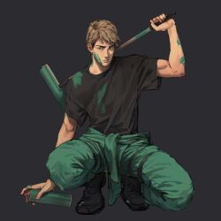  1boy absurdres alternate_costume artbyshinji biceps black_background black_boots black_hair black_shirt boots brown_hair clothes_around_waist facial_hair full_body goatee_stubble green_pants grey_eyes highres holding holding_paint_roller holding_spray_can jacket jacket_around_waist jean_kirstein looking_at_viewer male_focus paint_on_clothes paint_roller paint_splatter paint_splatter_on_face pants shingeki_no_kyojin shirt short_hair simple_background solo spray_can squatting stubble undercut 