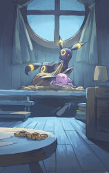  black_fur closed_eyes espeon forehead_jewel highres indoors lamp night no_humans pink_fur pokemon pokemon_(creature) red_eyes sleeping table two-tone_fur umbreon window wooden_floor yamaori_(hakkentai_pokedan) yellow_fur 