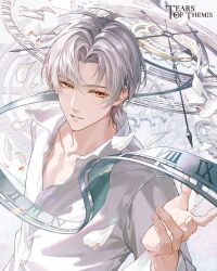  1boy ace_(playing_card) ace_of_hearts brown_eyes card collarbone collared_shirt commentary copyright_name dress_shirt english_commentary gears grey_hair hair_between_eyes hand_up heart highres long_sleeves male_focus official_art parted_bangs petals playing_card roman_numeral shirt solo tears_of_themis upper_body vyn_richter_(tears_of_themis) white_shirt 