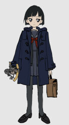  1girl arms_at_sides bad_id bad_pixiv_id bag black_eyes black_hair black_pantyhose black_sailor_collar black_serafuku black_shoes blue_coat blush briefcase closed_mouth coat full_body highres holding holding_briefcase hood hood_down hooded_coat loafers long_sleeves looking_at_viewer neckerchief open_clothes open_coat original pantyhose pleated_skirt red_neckerchief sailor_collar school_uniform serafuku sextant shoes short_hair simple_background skirt smile solo sqq standing straight-on white_background 