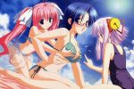  3girls :3 bikini blue_hair breast_grab cleavage glasses long_hair pink_hair purple_hair red_eyes sakaki_maki swimsuit violet_eyes 