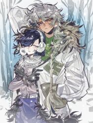  2girls alternate_costume argus_(reverse:1999) blue_hair coat dark-skinned_female dark_skin earmuffs fog gloves grey_hair guess1023 hair_over_one_eye hand_in_pocket long_hair messy_hair multiple_girls reverse:1999 scar scar_across_eye scar_on_face shared_clothes shared_coat short_hair snow tuesday_(reverse:1999) winter_clothes winter_coat yuri 