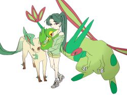  1girl :&gt; animal_hands bright_pupils brown_eyes brown_fur claws dragon flygon full_body green_fur green_hair green_shirt green_shorts highres holding holding_pokemon leafeon long_hair looking_at_viewer off-shoulder_shirt off_shoulder pokemon pokemon_(creature) ponytail pp_7762 red_eyes shirt shoes shorts simple_background snivy standing white_background white_pupils white_shoes yellow_fur 