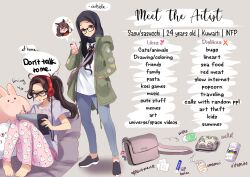  1girl ahoge animal_print annoyed antenna_hair arrow_(symbol) artist_name bag bare_arms barefoot black-framed_eyewear black_hijab black_shoes blue_pants bottle brown_bag brown_eyes brown_hair cat_print character_age character_charm character_name charm_(object) chestnut_mouth closed_mouth colored_shoe_soles commentary denim doki_doki_literature_club drawing_tablet english_commentary english_text glasses green_jacket grey_background grey_shirt handbag headphones heart high_ponytail highres hijab holding holding_drawing_tablet holding_phone holding_stylus hood hood_down hooded_jacket jacket jeans knees_together_feet_apart knees_up legs_apart lip_balm long_hair looking_at_screen looking_at_viewer multiple_views no_socks open_clothes open_jacket open_mouth pants phone pigeon-toed pink_pants ponytail raised_eyebrow real_life real_life_insert sasu_(sasucchi95) sasucchi95 sayori_(doki_doki_literature_club) shirt shoes short_sleeves simple_background sitting sneakers speech_bubble spoken_character standing stylus sweat t-shirt teeth toes uneven_eyes upper_teeth_only wallet white_shirt 