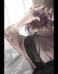  1boy backpack bag commentary_request fingernails from_behind goi_x01 grey_shirt hair_tie hands_up highres kamishiro_rui male_focus outdoors project_sekai protected_link purple_hair shirt solo three-quarter_sleeves tying_hair 