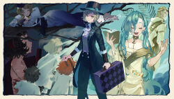  2boys 37_(reverse:1999) 6+girls 6_(reverse:1999) ancient_greek_clothes ascot bare_shoulders black_coat black_hair black_hat black_pants black_umbrella blonde_hair blue_background blue_bow boater_hat book border bow closed_eyes closed_mouth closed_umbrella coat dress druvis_iii feet_out_of_frame gold_choker greco-roman_clothes grey_eyes grey_hair grey_vest gun hair_between_eyes hair_bun handgun hands_up hat hat_bow highres himation holding holding_book holding_suitcase holding_umbrella isabella_(reverse:1999) legs_apart long_hair lying matilda_bouanich multiple_boys multiple_girls no_eyes on_branch on_side open_mouth outside_border pants profile reverse:1999 sanngo096 schneider_(reverse:1999) shirt short_hair single_side_bun smile smoke smoking_barrel standing suitcase the_ring_(reverse:1999) toga umbrella upper_body vertin_(reverse:1999) very_long_hair vest waistcoat weapon white_ascot white_border white_dress white_shirt 