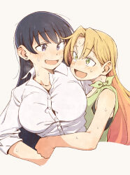  2girls :d arato_nagi arm_around_waist black_hair blonde_hair blush breasts breath collared_shirt commentary cropped_torso curtained_hair dress_shirt earrings eitopondo green_eyes green_shirt happy highres hug jewelry large_breasts long_hair looking_at_another multiple_girls open_mouth parted_bangs ruri_no_houseki shirt simple_background sleeveless sleeveless_shirt smile straight_hair stud_earrings sweat tanigawa_ruri undershirt upper_body violet_eyes white_background white_shirt wing_collar 