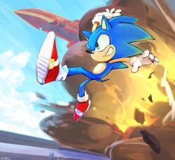  1boy blue_sky debris explosion full_body furry furry_male gloves green_eyes kyuri_bakuhatu male_focus outdoors signature sky solo sonic_(series) sonic_heroes sonic_the_hedgehog white_gloves 